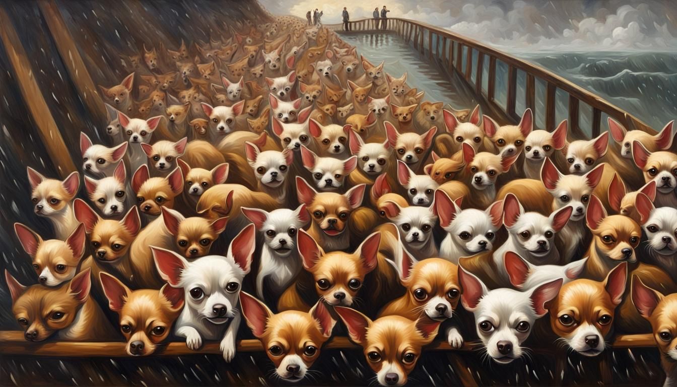 Chihuahua Flood Ascends Noah's Ark: Oil Painting