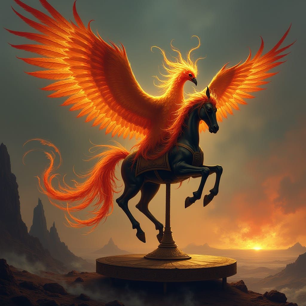 Phoenix on Obsidian Horse in Volcanic Landscape