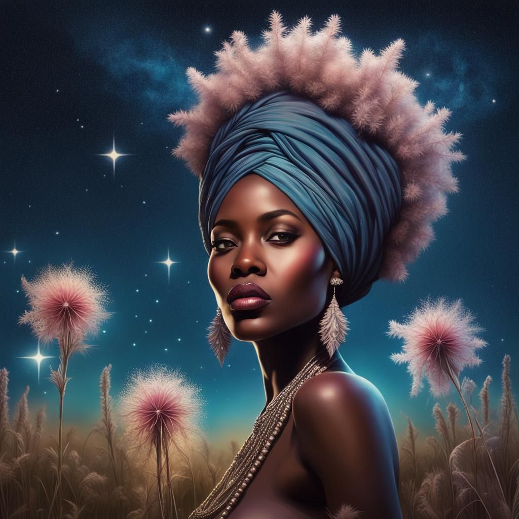 African Goddess in Prairie Smoke Flower Field at Night