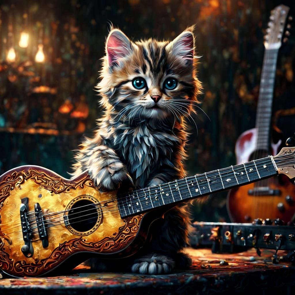 Cute Kitten Plays Guitar: Fantasy Concept Art