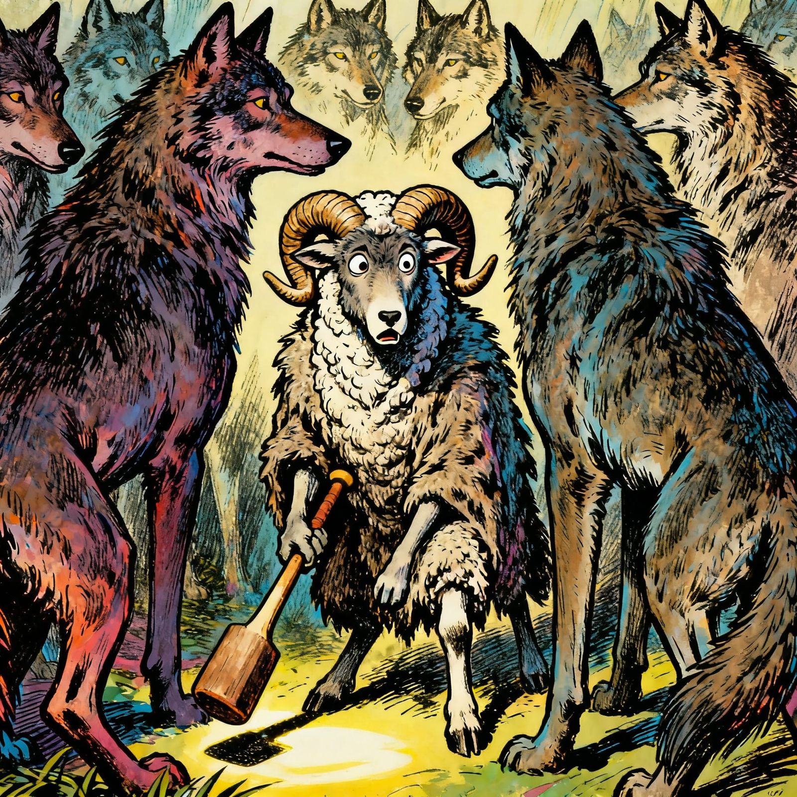 Sheep Disguised as Wolf in Editorial Cartoon Style