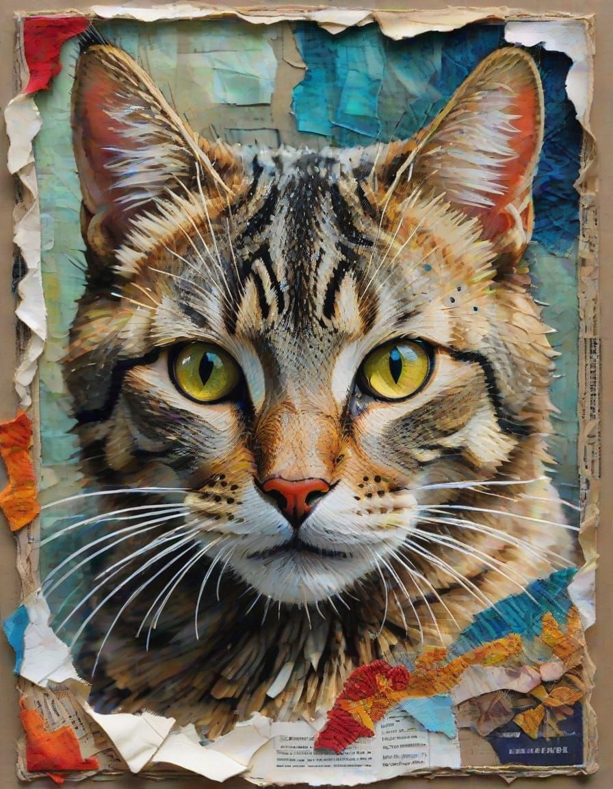 Vibrant Tabby Cat in Mixed Media Collage