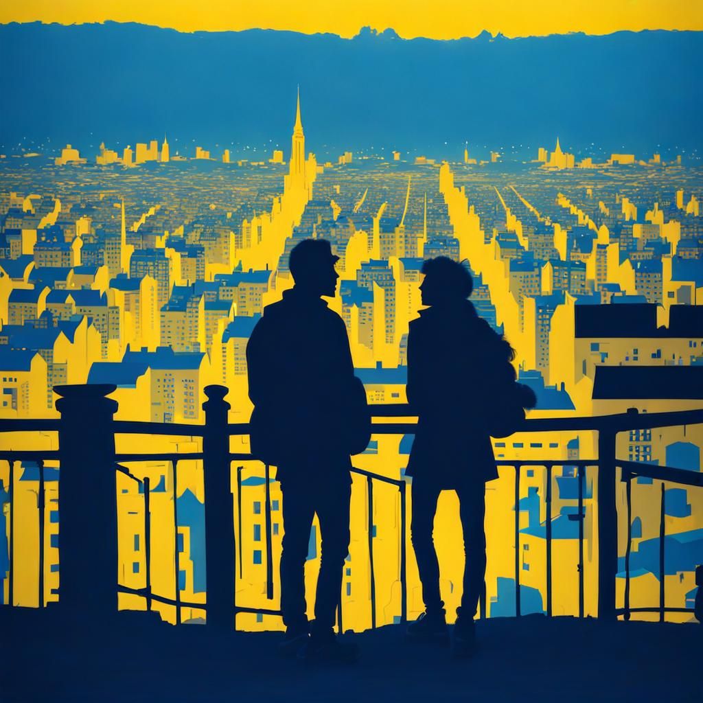 Blue Silhouettes in Yellow City: An Acrylic Painting