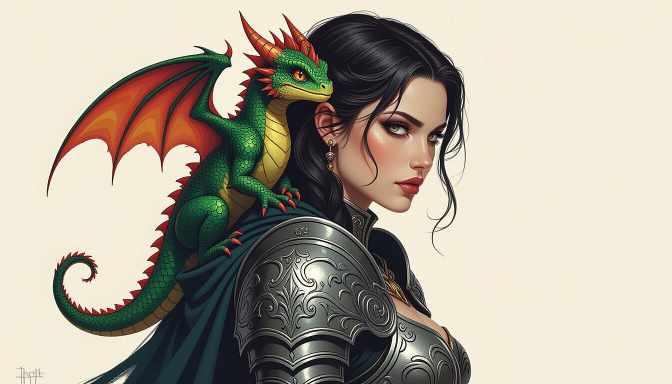 Gothic Knight with Baby Dragon in Dark Fantasy Style