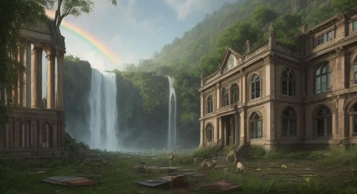 Post-Apocalyptic Library with Waterfall and Rainbow