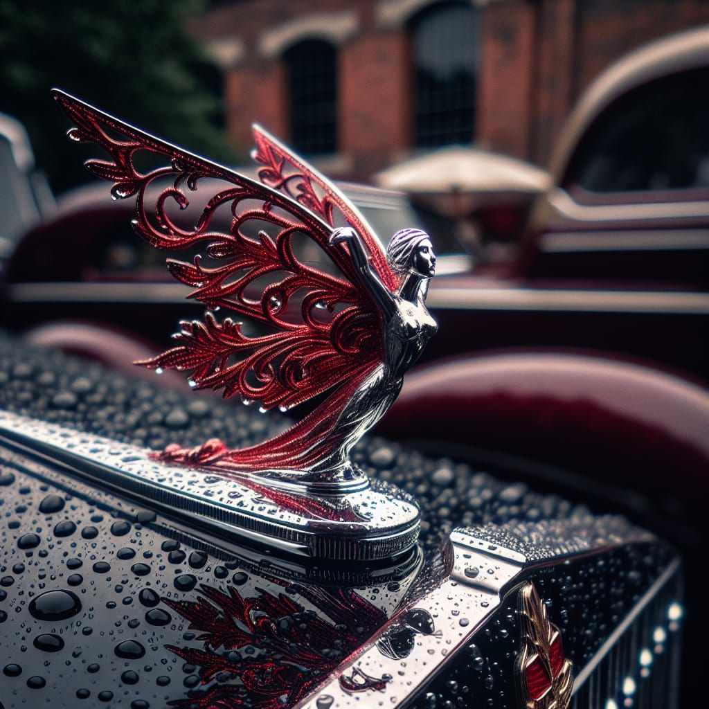 Red Metal Fairy Hood Ornament on Black Car