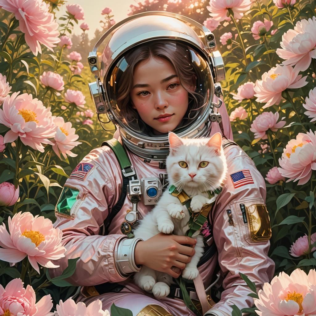 Cosmonaut Woman with Cat in Peony Field