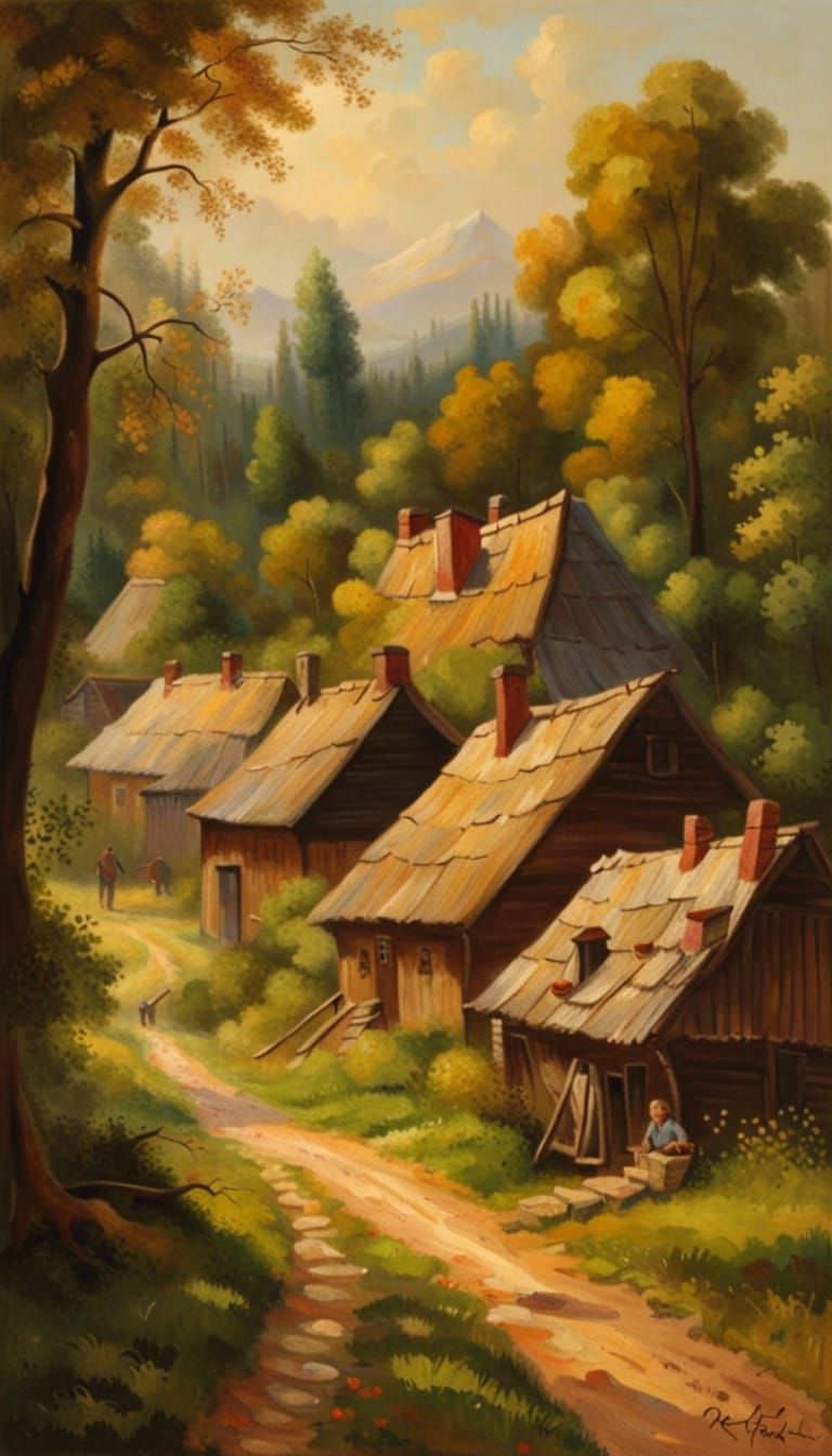Polish Village Scene in Realistic 19th Century Painting