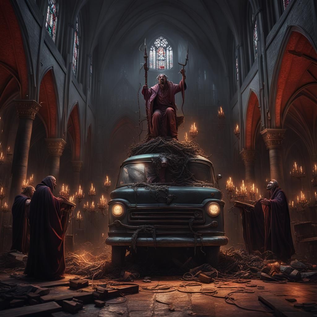 Satanic Mechanic Repairs Van in Profane Church