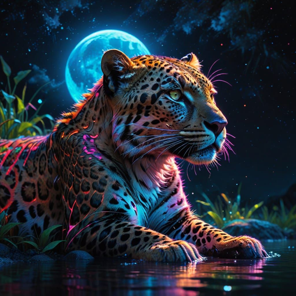 Majestic Neon Leopard Drinks Under Bright Moon