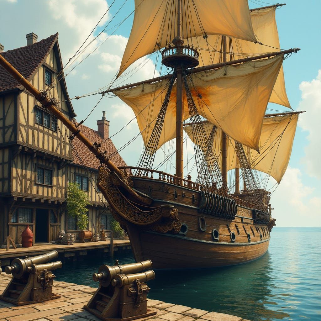 Majestic Galleon Dominates Tudor Dock in Golden Light