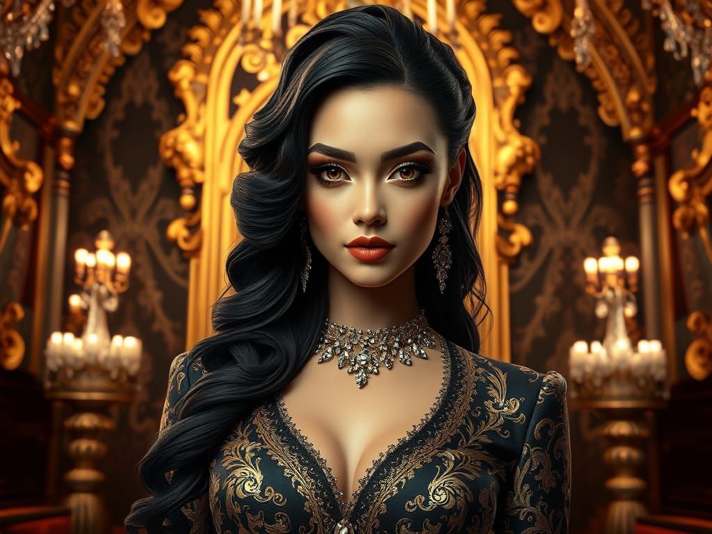 Ethereal Upperclass Woman in Haute Couture, Surrounded by Op...