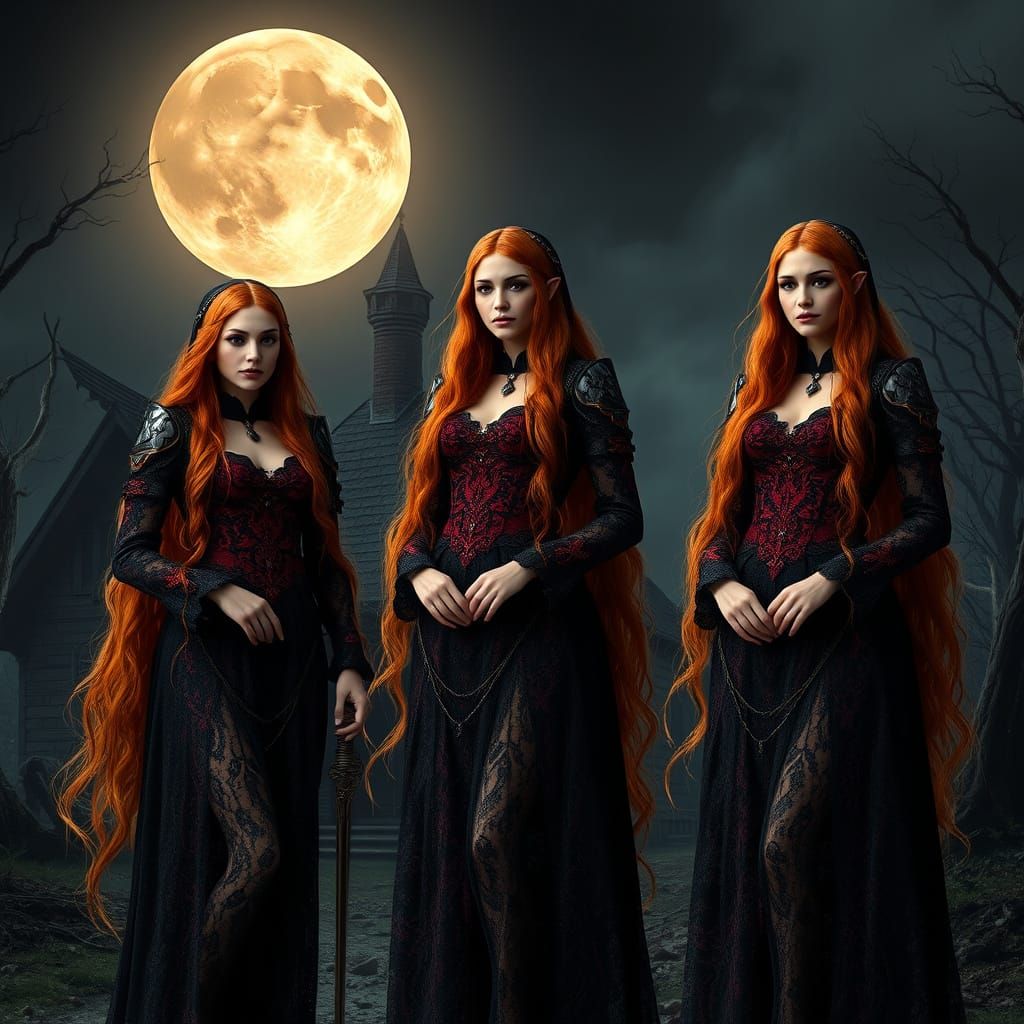 Three Elegant Witches in Black and Red Lace Armor