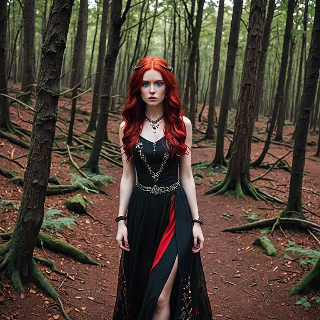 Renaissance Woman with Red Hair in Forest
