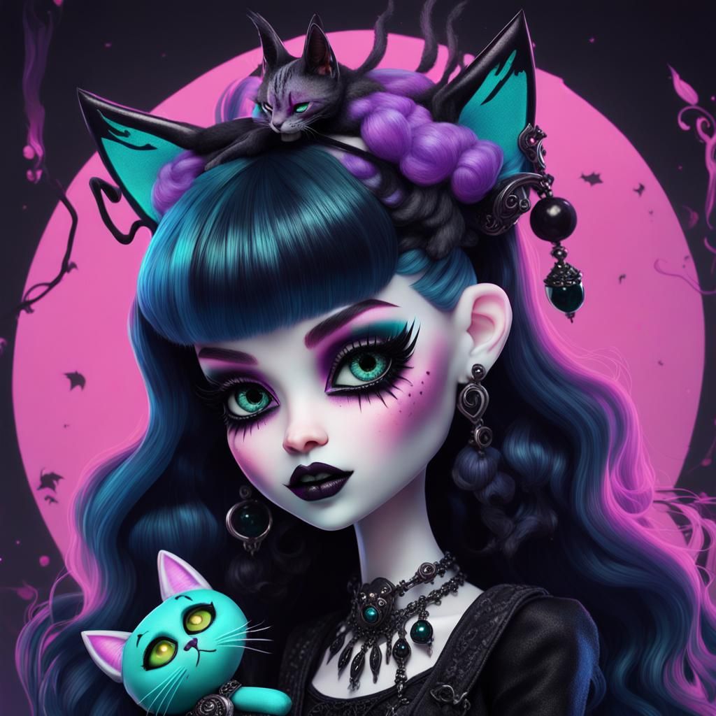 Monster High Doll with Cat, Goth Aesthetic