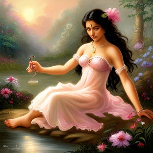 Ethereal Indian Woman in a Misty Fantasy Landscape