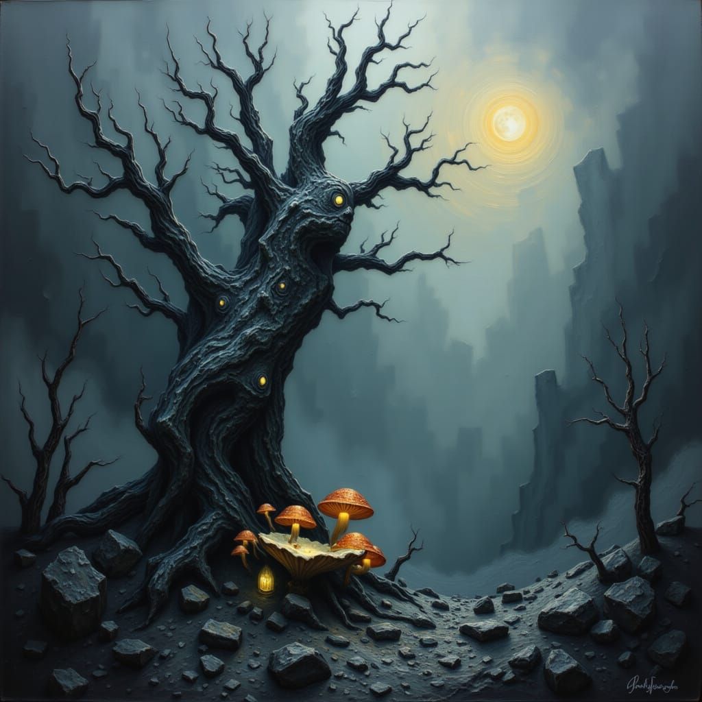 Ancient Tree in Mist-Shrouded Landscape, Dark Fantasy Art