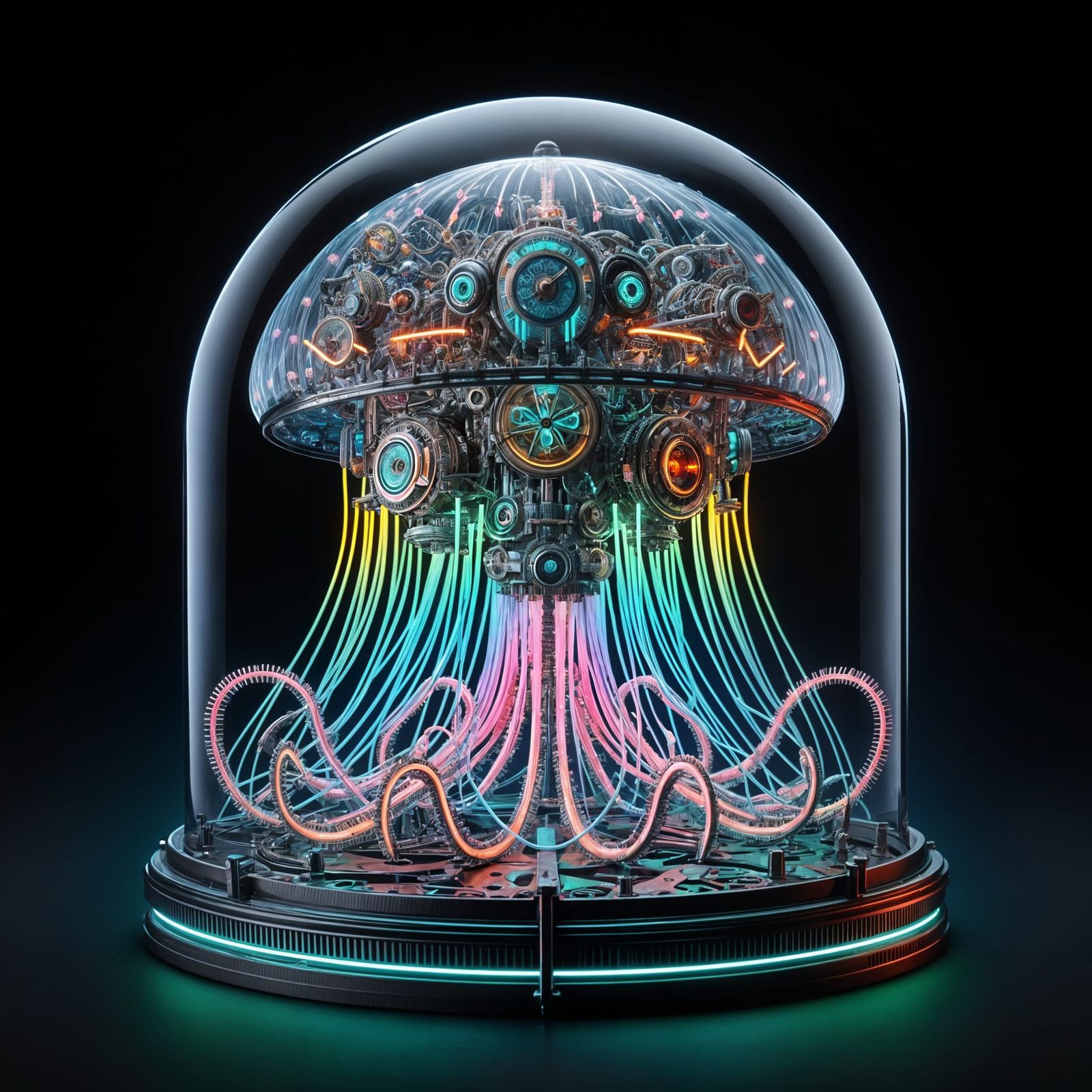Steampunk Mechanical Jellyfish with Neon Arteries