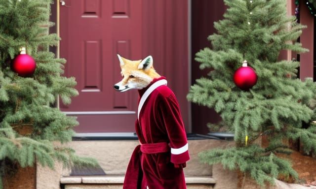 Festive Fox in Robe Strolls Christmas House
