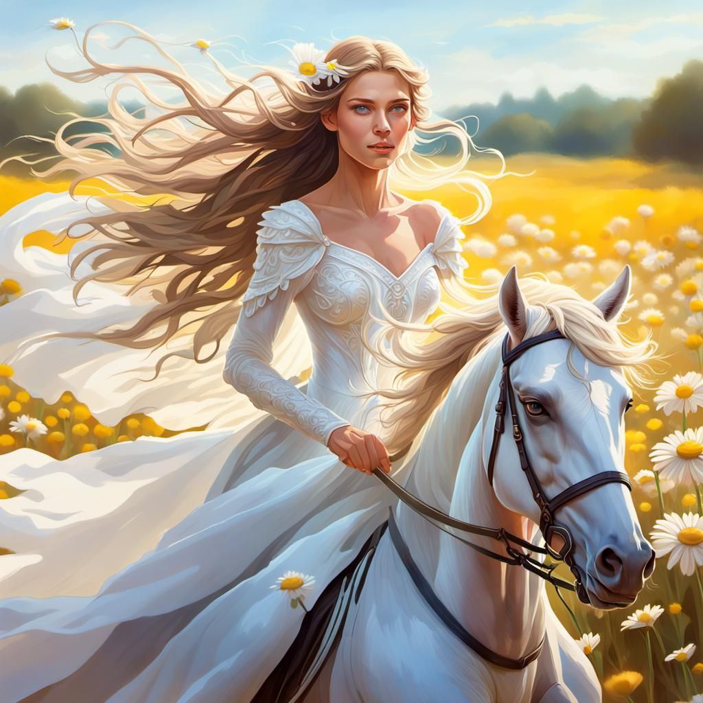 Woman in Wedding Dress Rides Horse