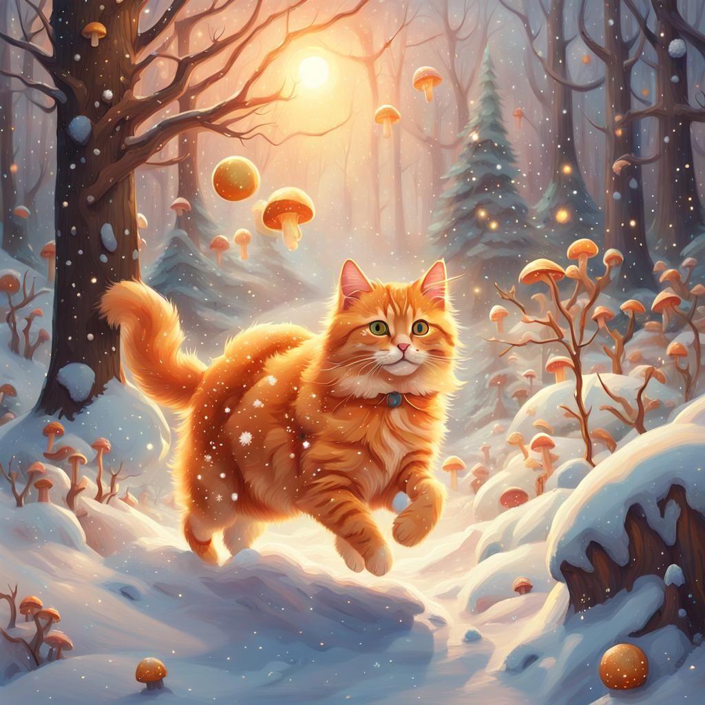 Whimsical Ginger Cat in Vibrant Winter Wonderland
