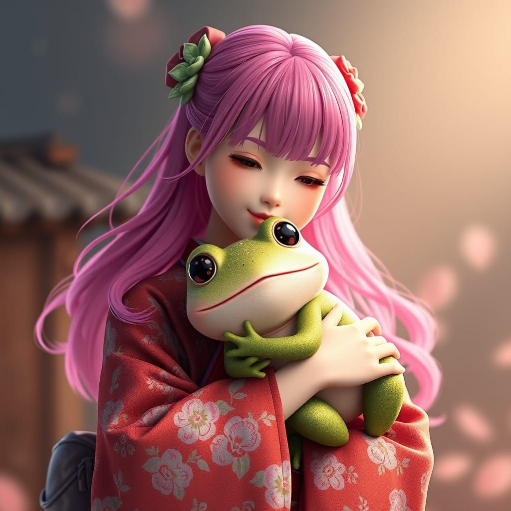 Delicate Japanese Woman Hugs Charming Frog in Traditional Ki...