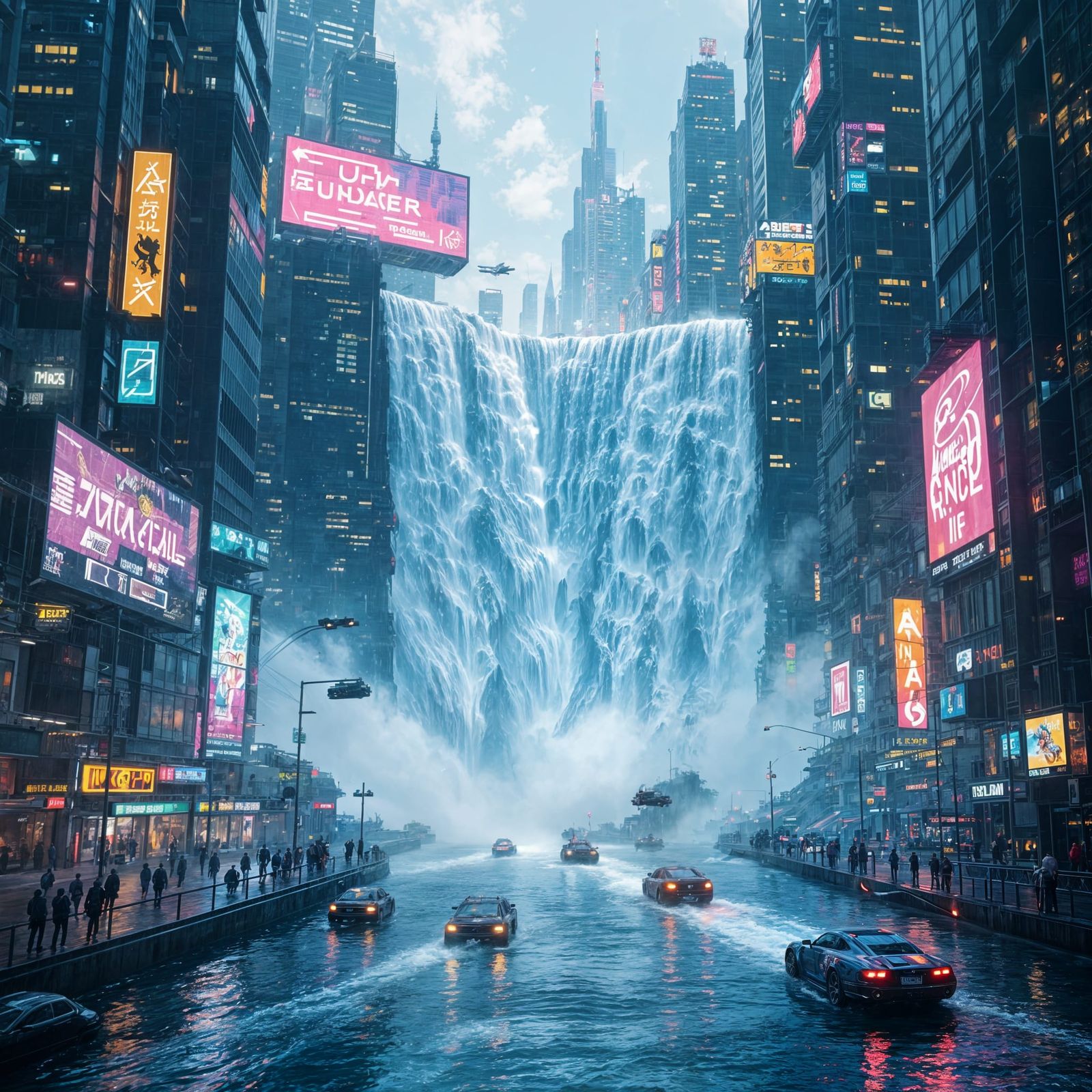 Cyberpunk Waterfall: Neon Cityscape in Digital Painting