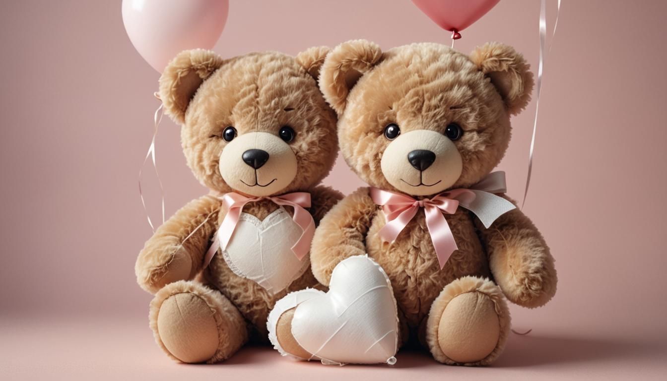 Bandaged Teddy Bear with Heart Balloon: Digital Art