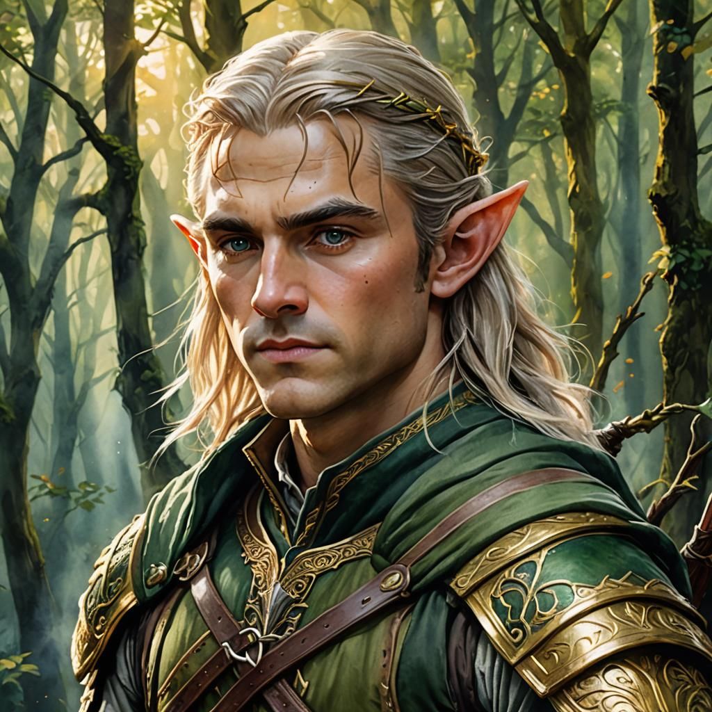 Fantasy Elf Archer in Forest Watercolor Painting