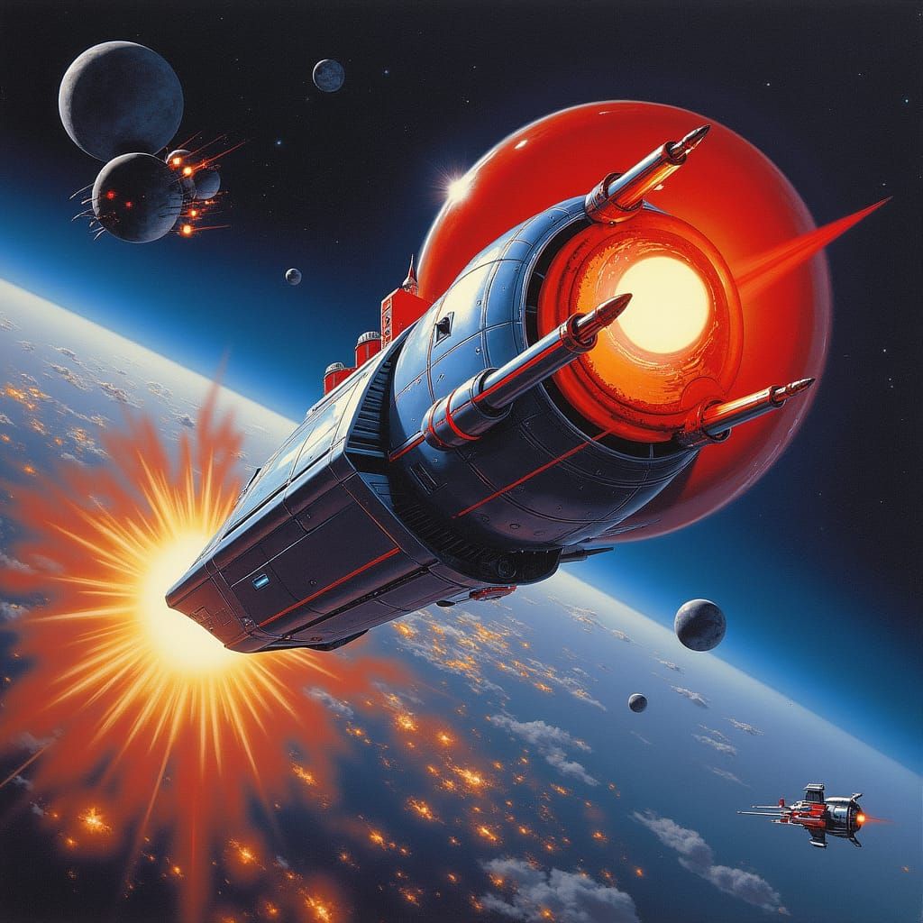 Retro Cyberpunk Space Battle with Chrome Spaceships