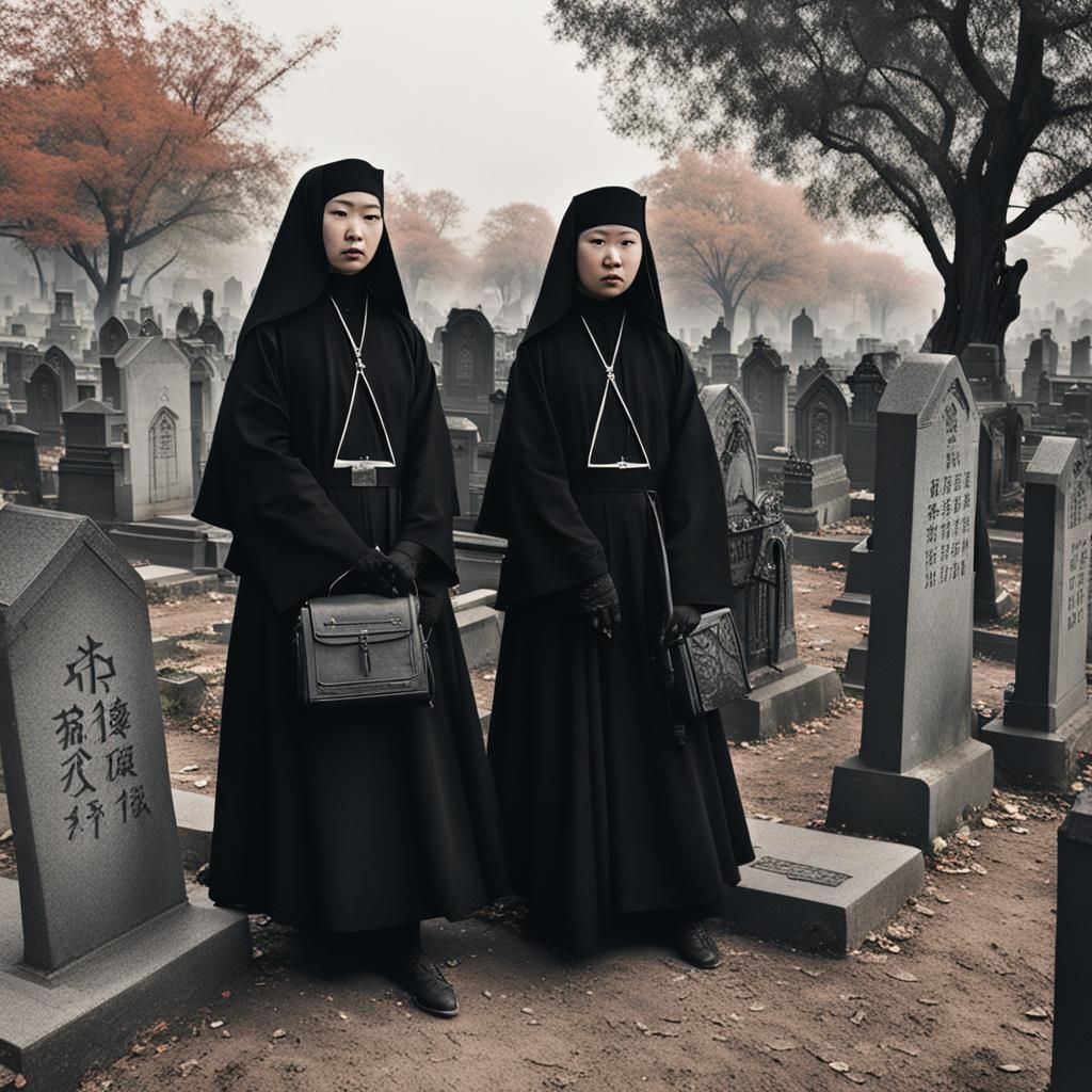 Gothic Chinese Nuns in Cemetery Scene