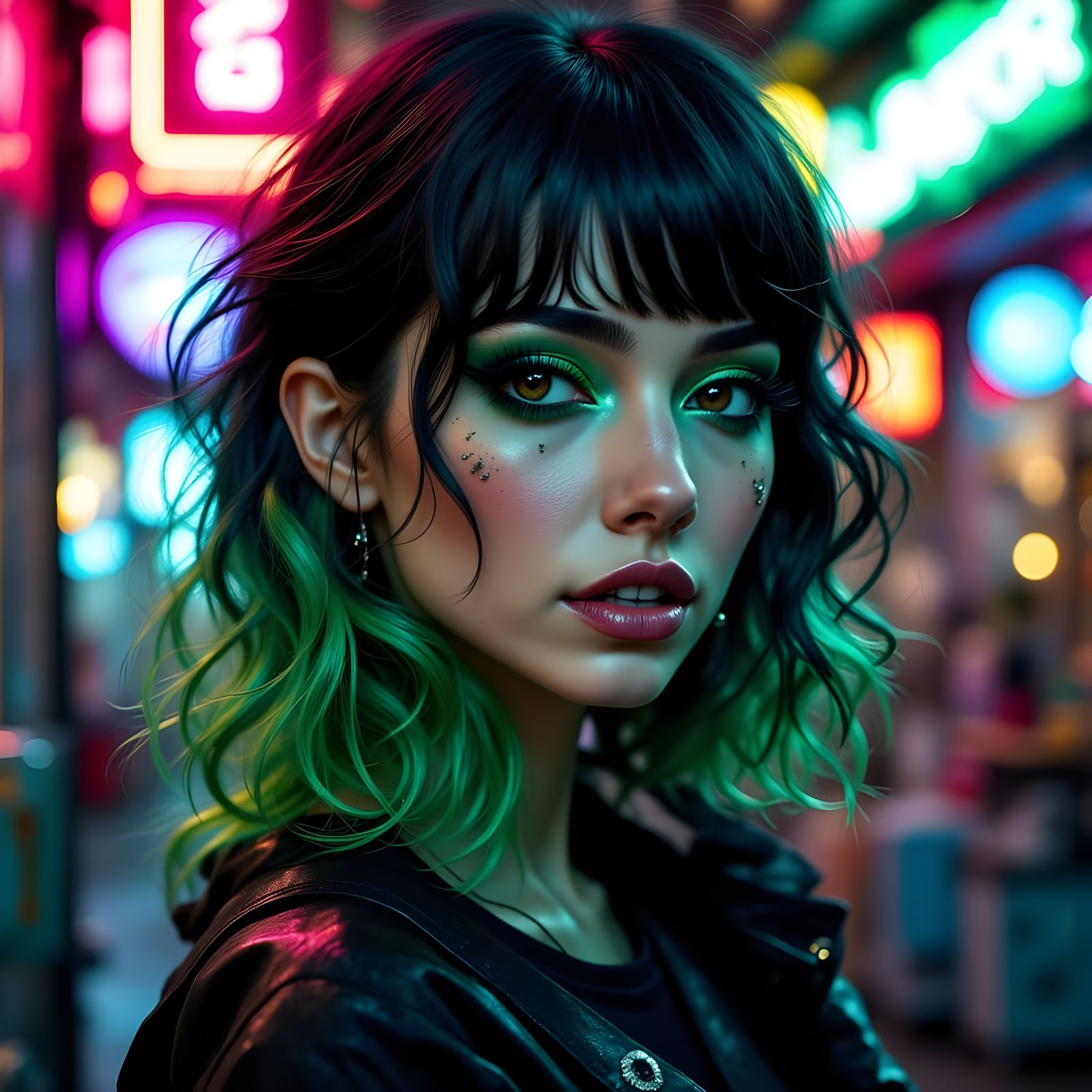 Goth Pin-Up Girl in Neon Night Scene