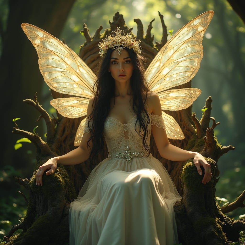 Majestic Queen with Glowing Fairy Wings, Seated on Ancient T...