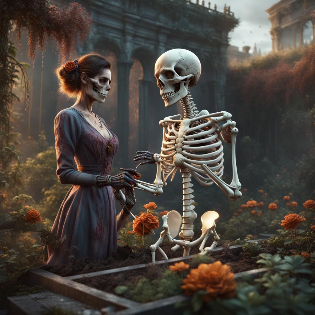 Skeleton Gardener in Abandoned Garden: Fantasy Art