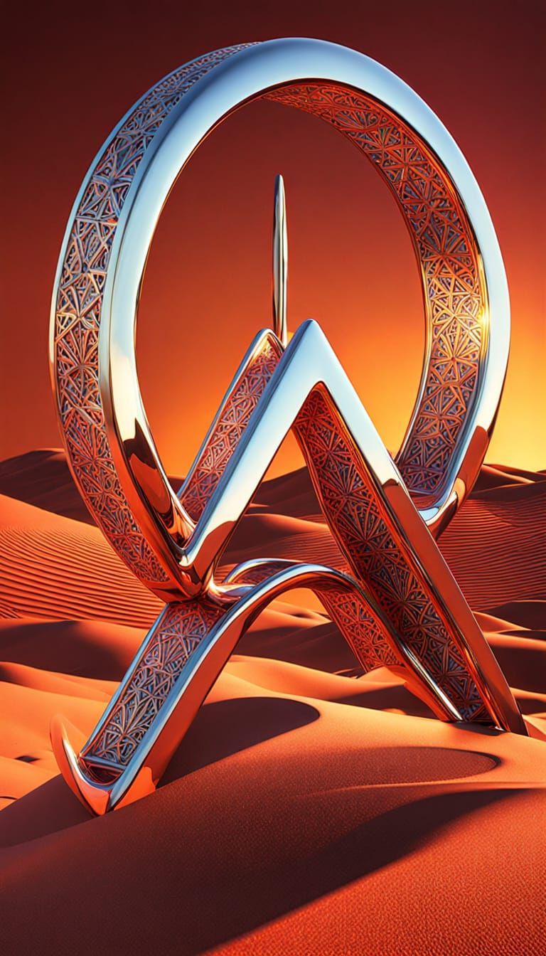 Chrome Penrose Triangle in Psychedelic Desert Landscape