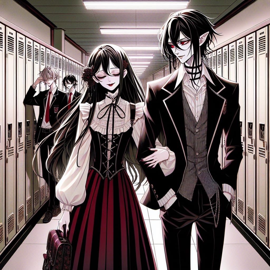Vampire Romance in Anime School Hallway