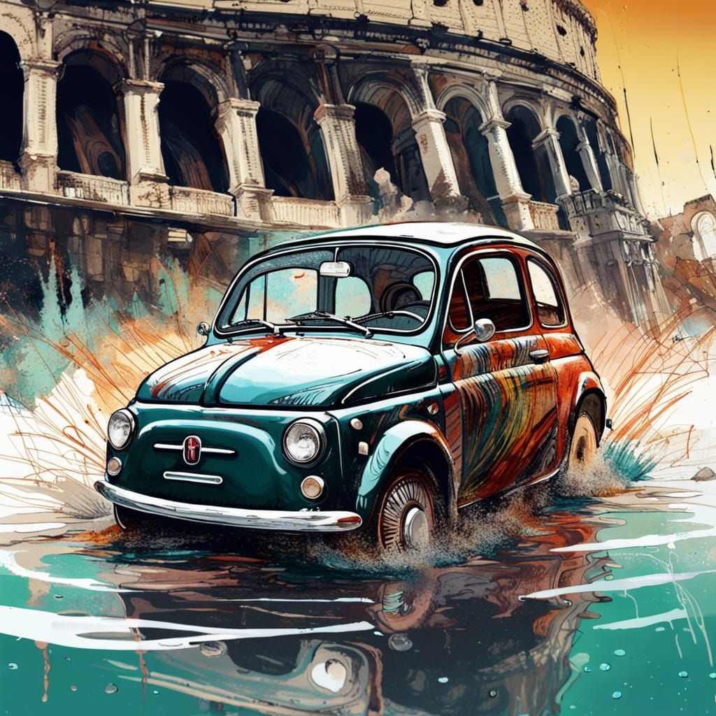 Fiat 500 at the Colosseum: Hyperrealistic Gouache Illustrati...