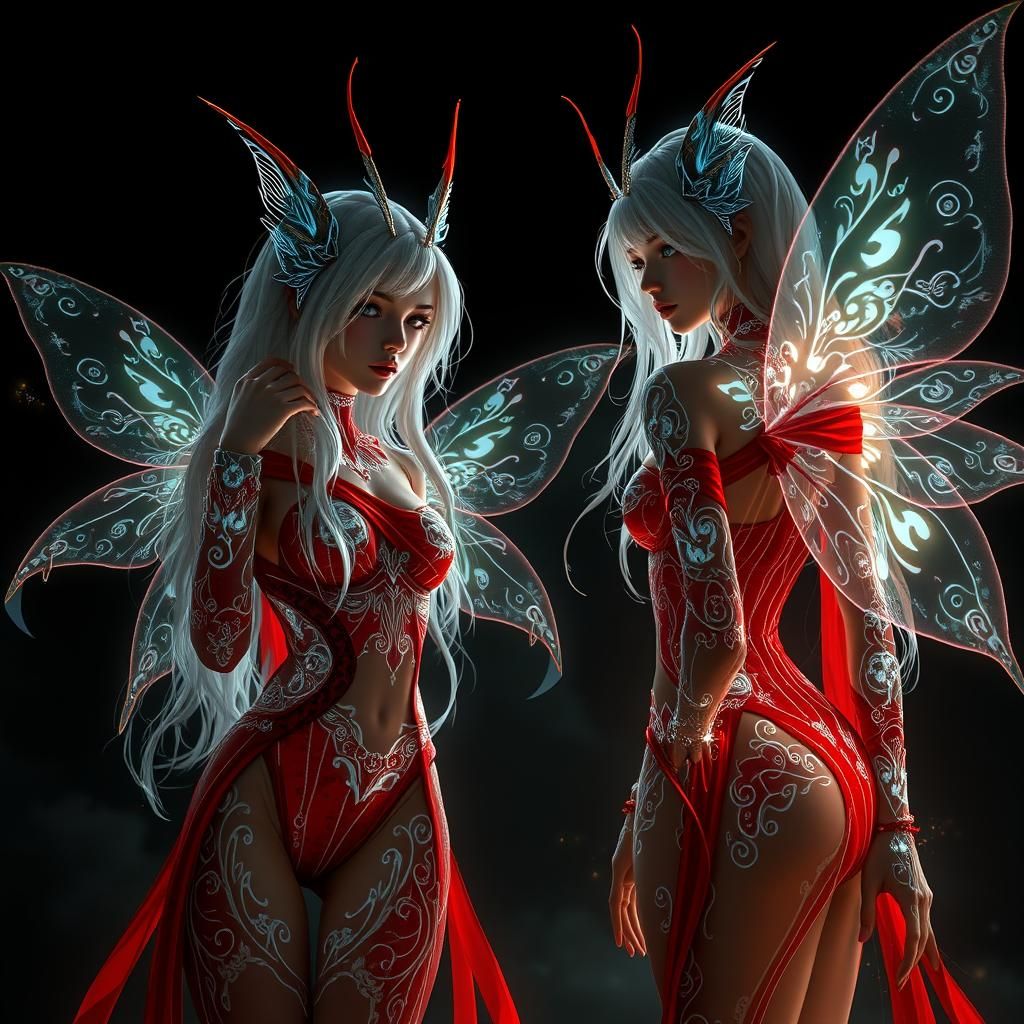 Breathtaking White-Haired Fairies with Bioluminescent Tattoo...