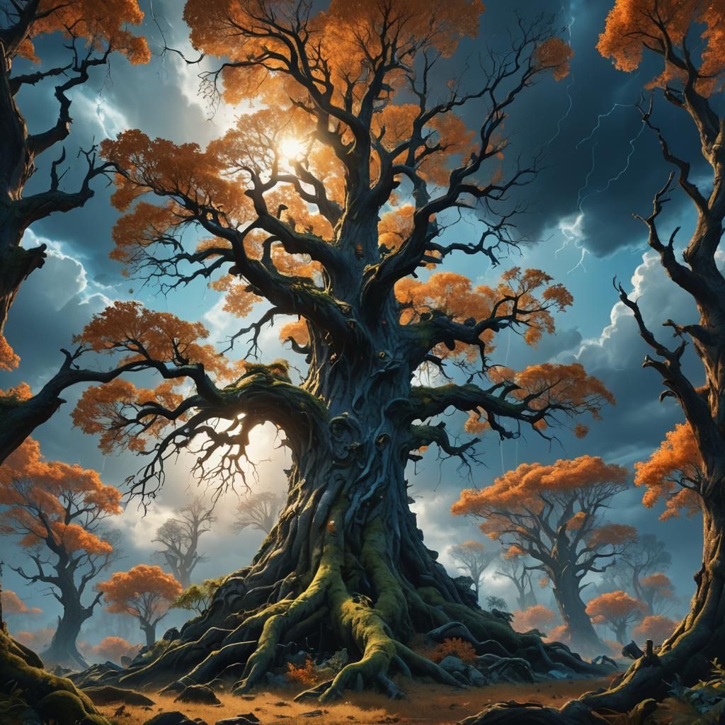 Mystical Forest Under Stormy Sky: Digital Art