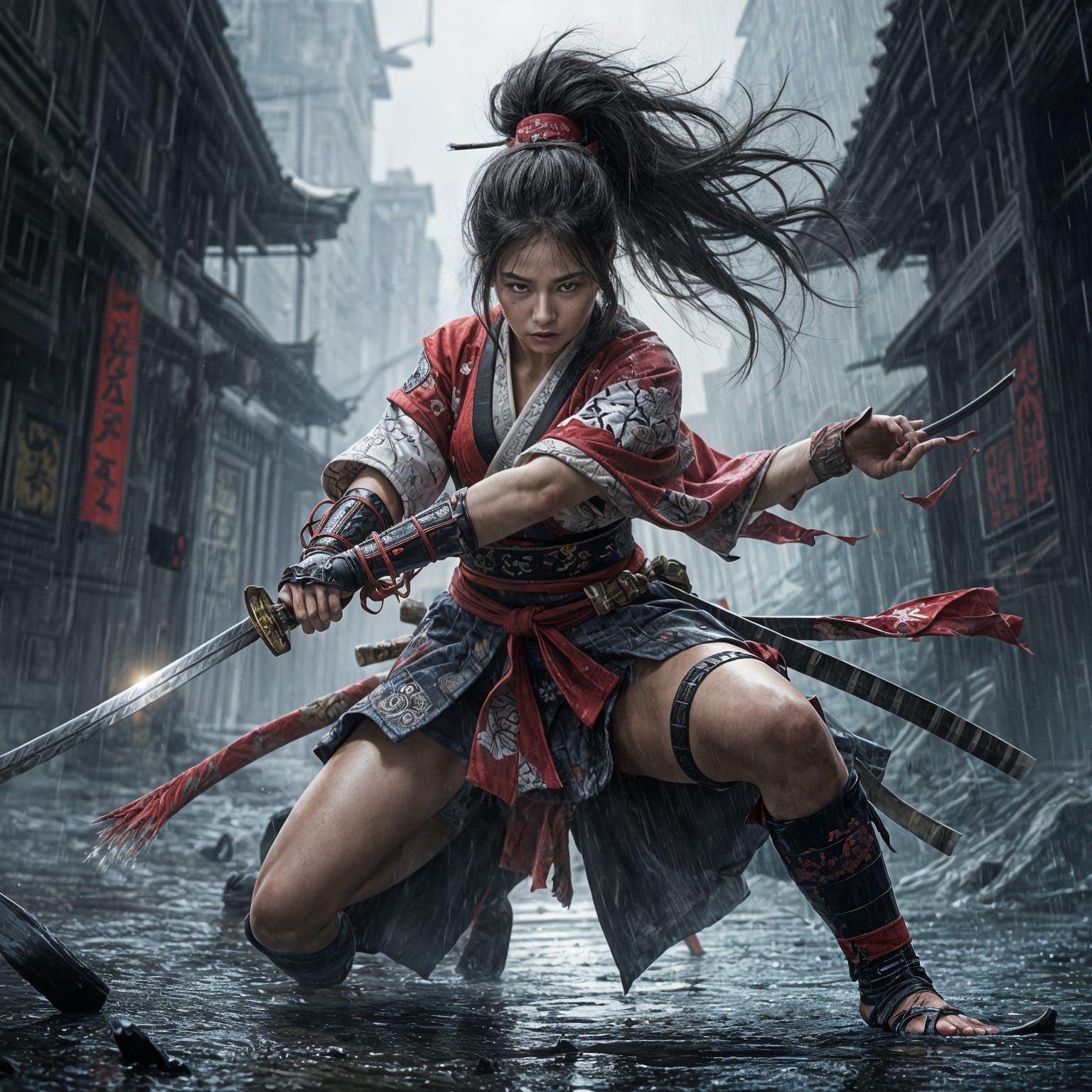 Geisha Warrior in Rain with Katana