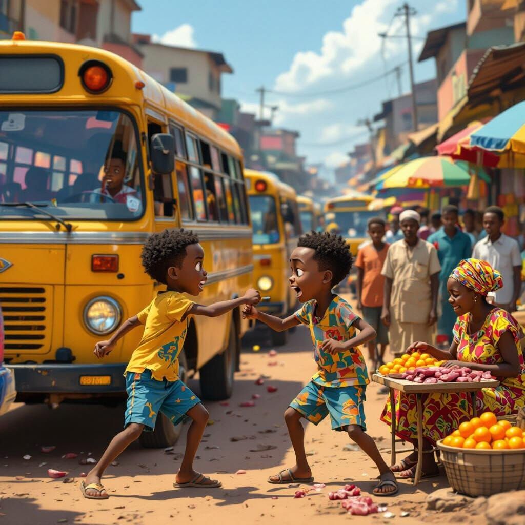 Crowded Nigerian Market in Pixar Style