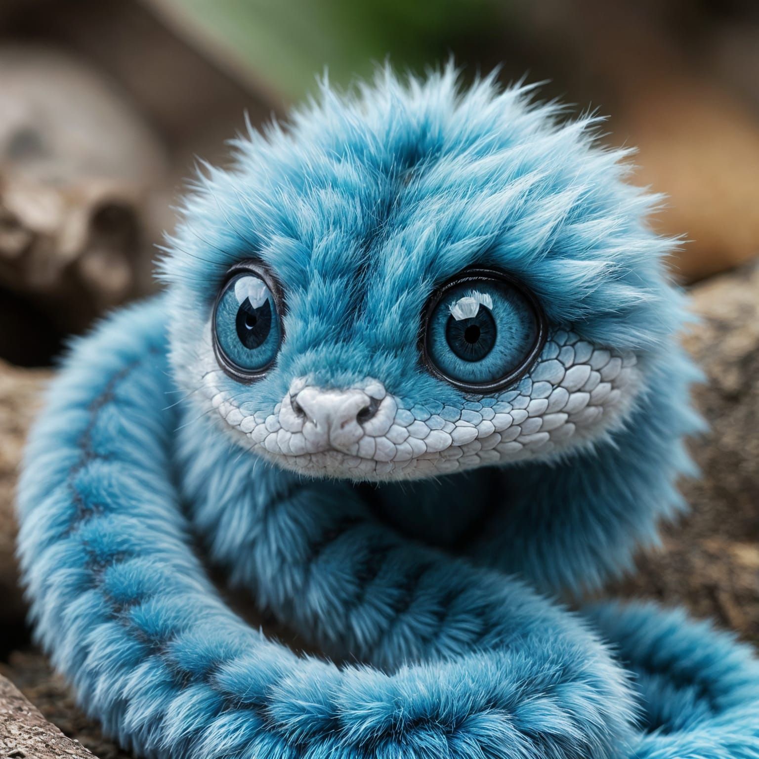 Cute Tiny Blue Fluffy Snake in a Whimsical Style