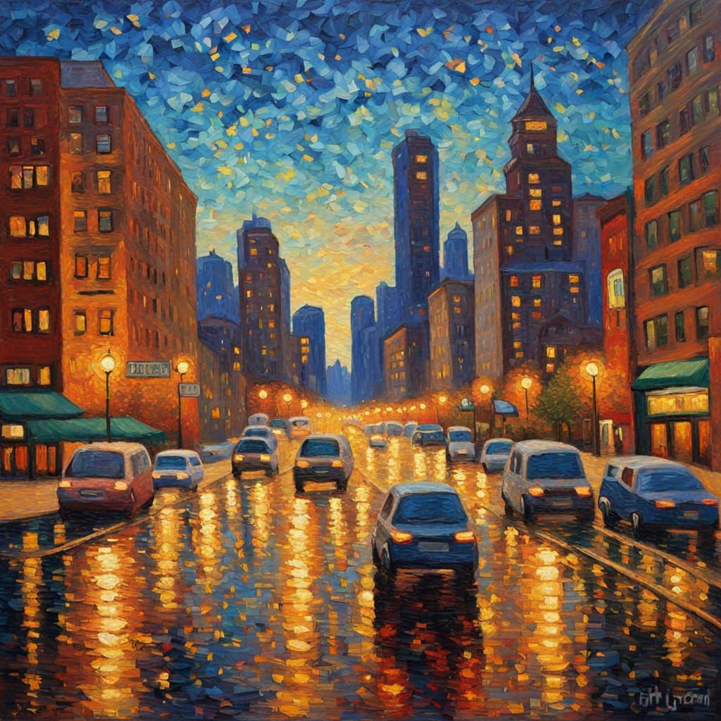 Minneapolis Cityscape in Neo-Impressionist Oil Painting
