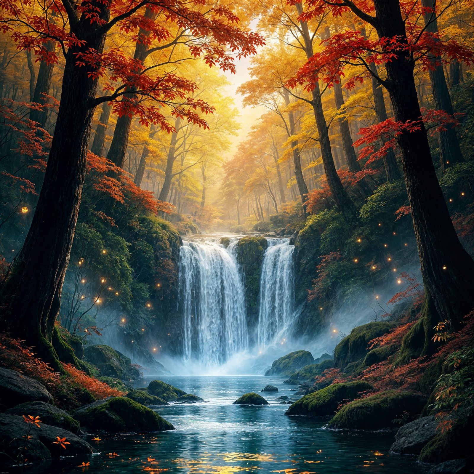 Enchanted Forest Waterfall with Luminescent Water