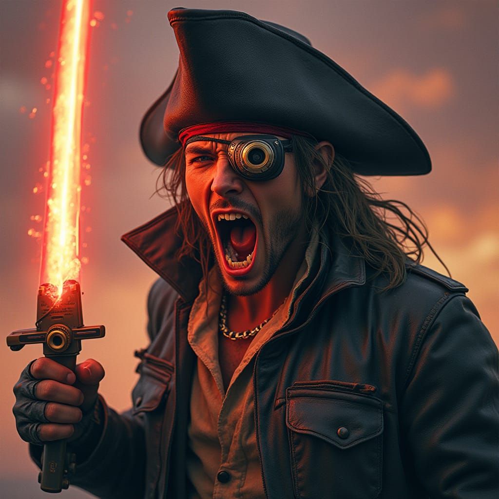 Cyborg Pirate with Laser Cutlass in Futuristic Style
