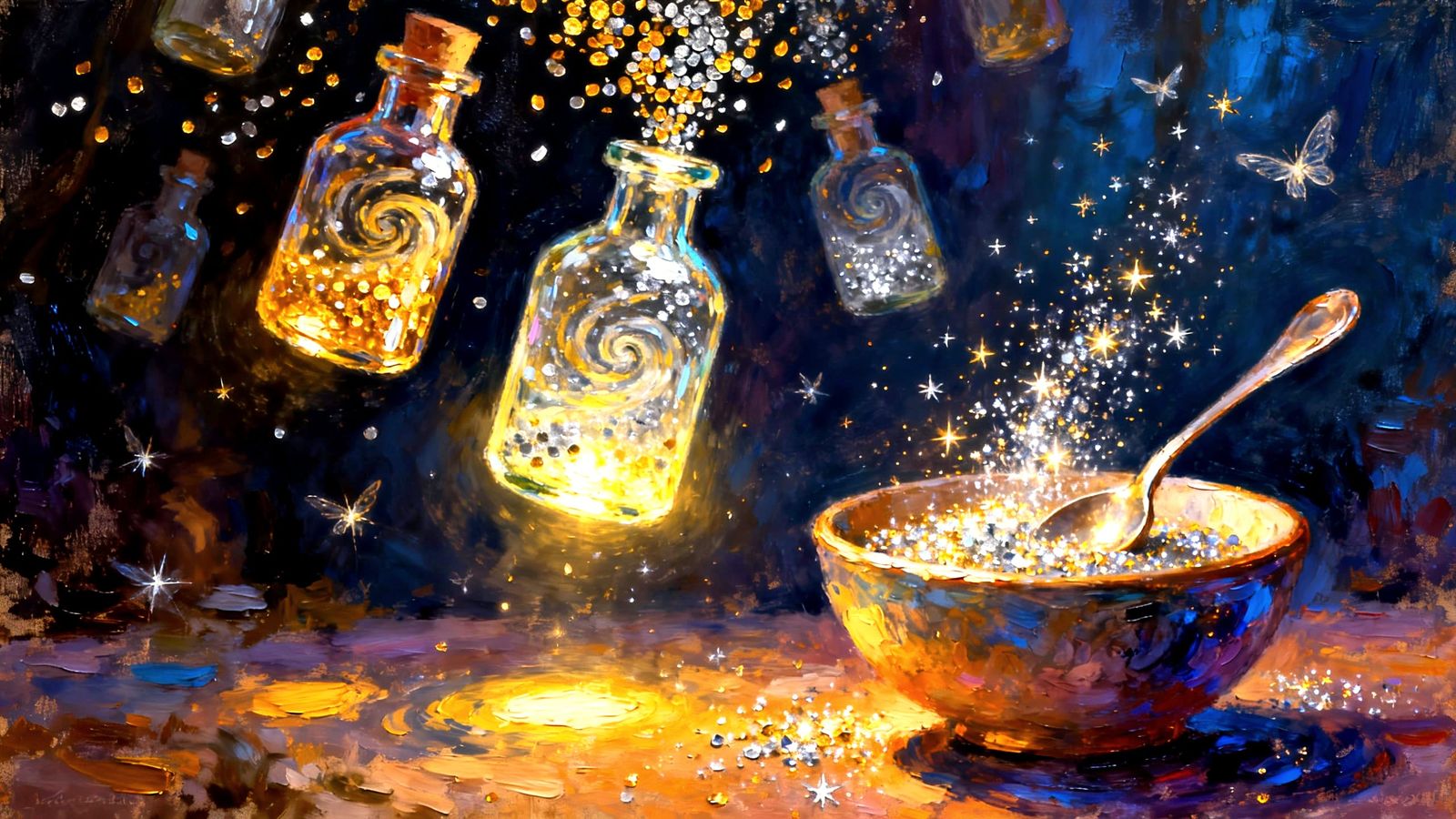Magical Potion Making Oil Painting with Floating Bottles and...
