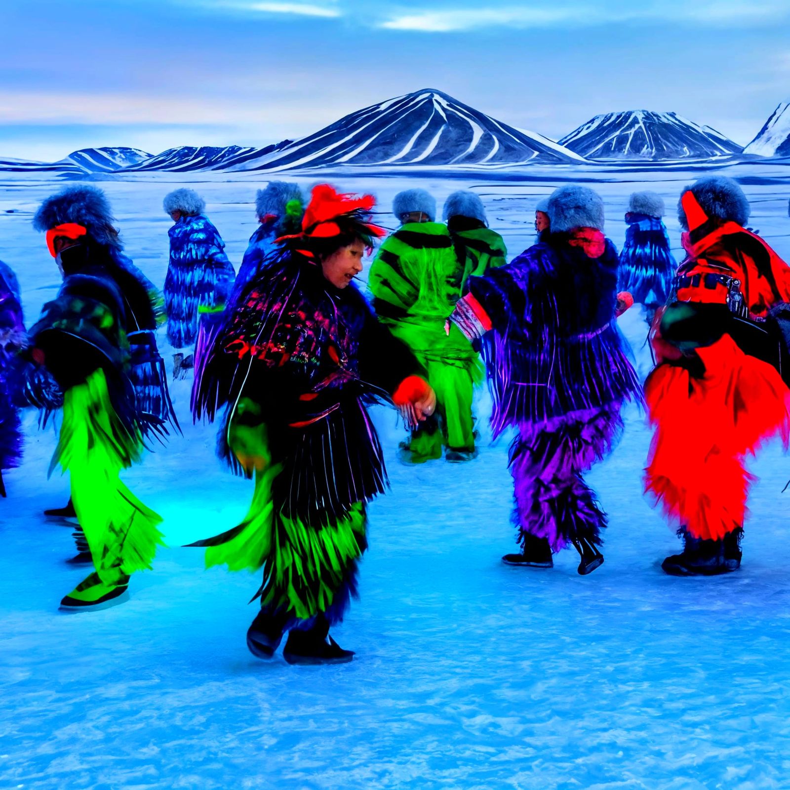 Inuits all together in a circle dancing the liberation dance with Northern lights