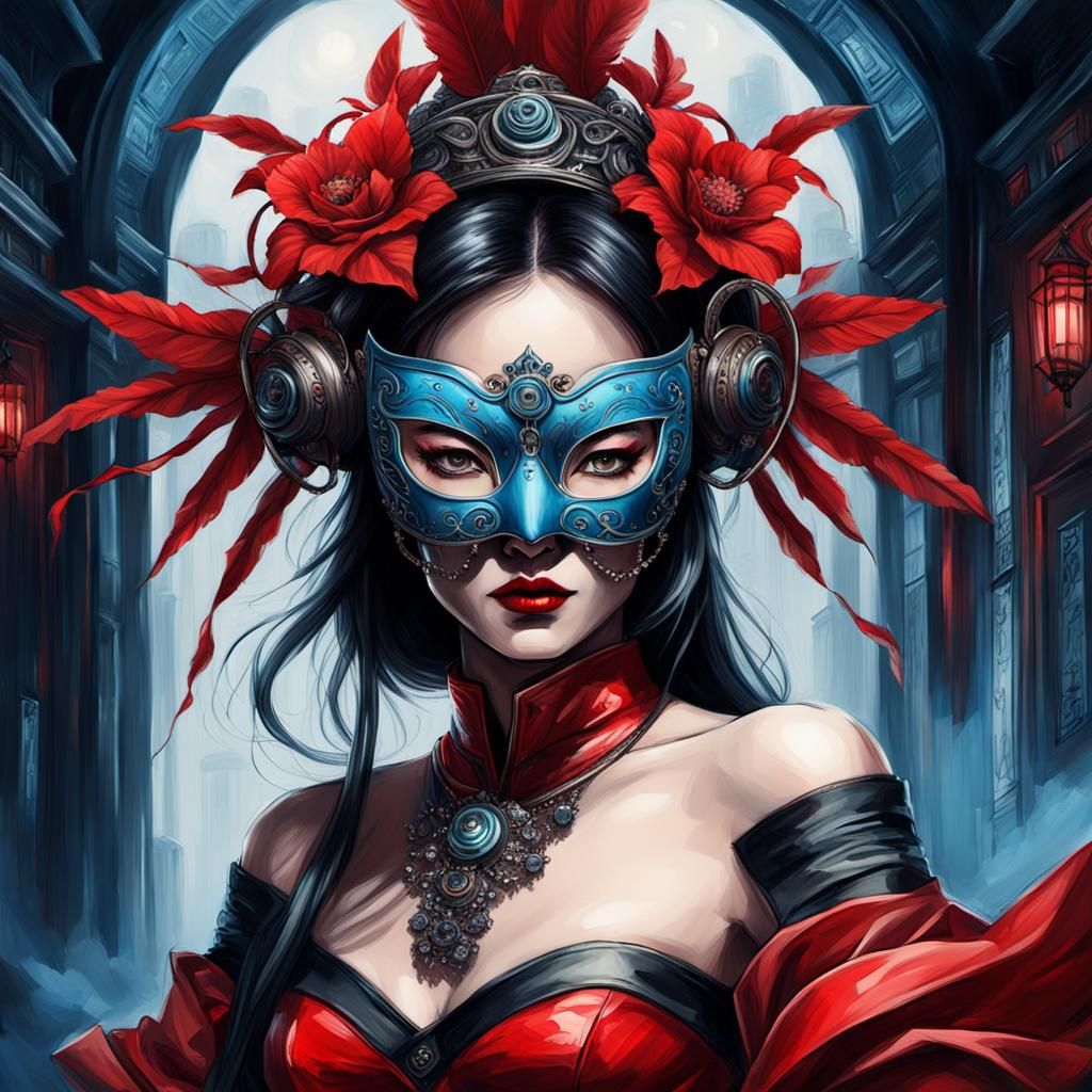 Cyberpunk Masquerade: Femme Fatale in Dystopian Club