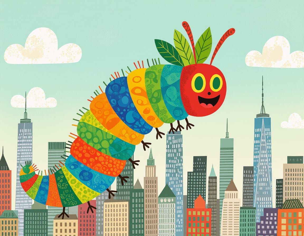 Giant Caterpillar Eats New York in Whimsical Style