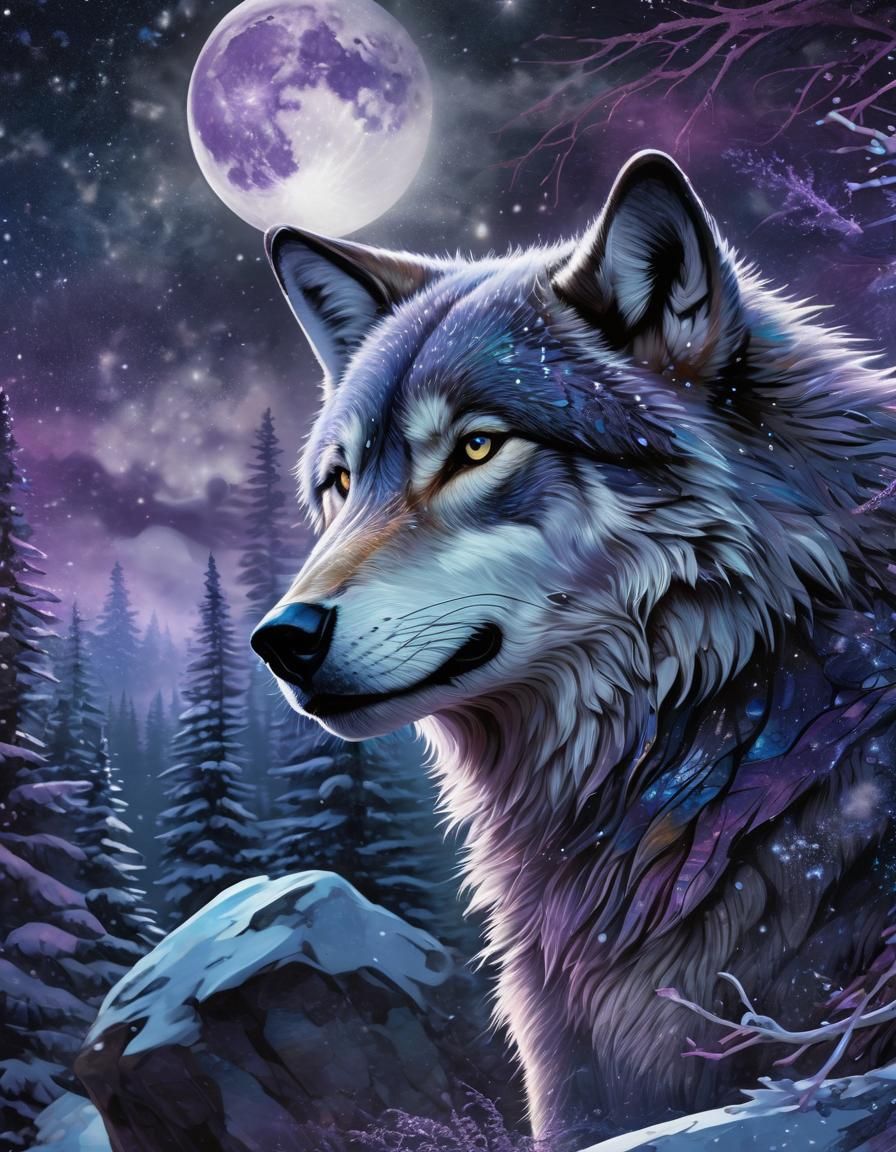 Wolf Howling at Moon in Cosmic Illustration